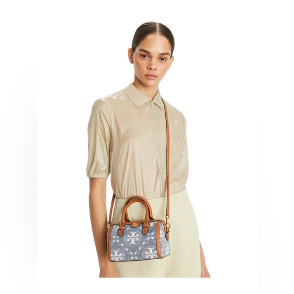 Tory Burch Petite T Monogram Denim Barrel Crossbody Satchel Bag Blue Tan Leather - Picture 14 of 14